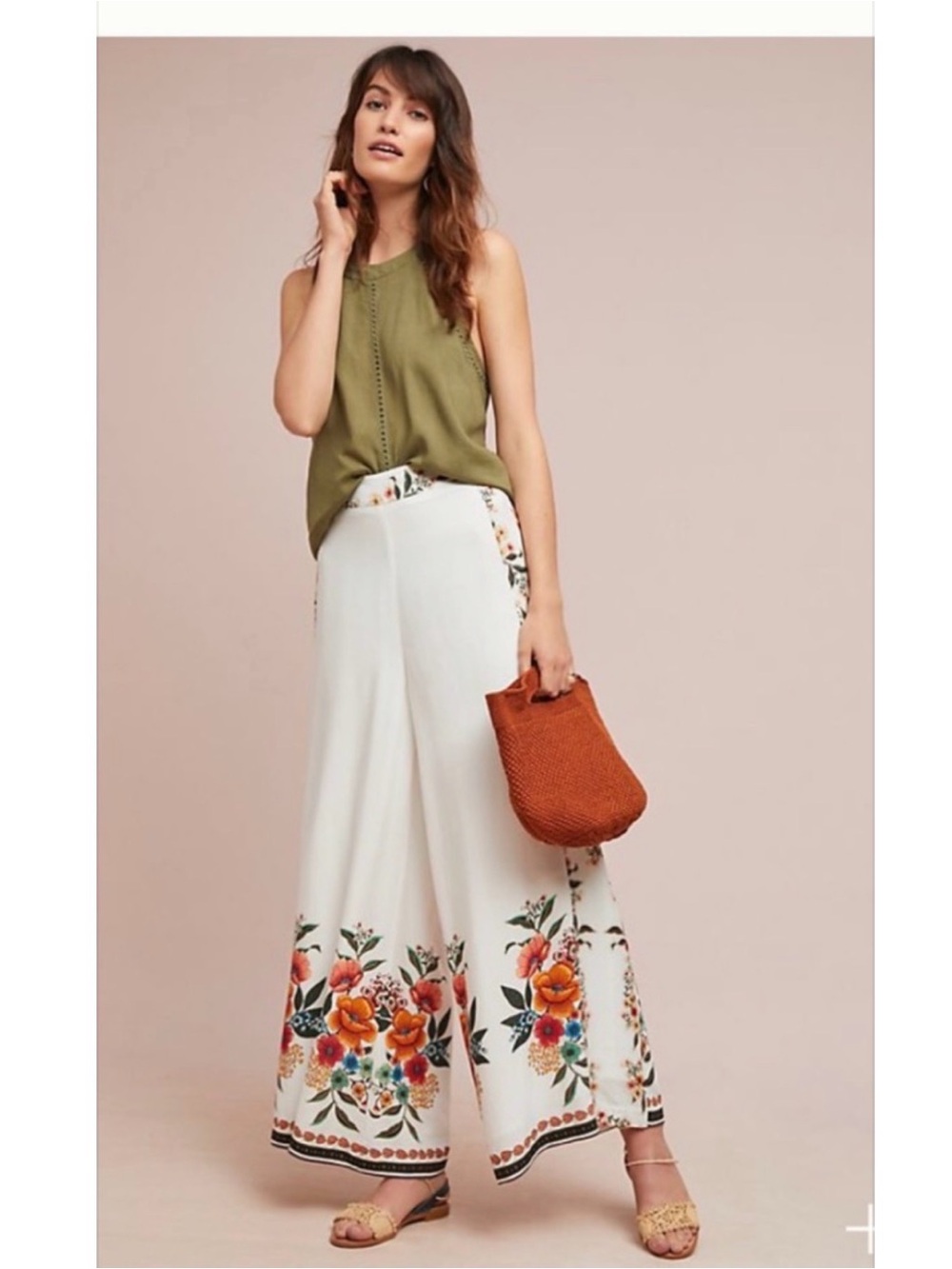 Farm Rio Wide Leg Floral Border Print Pants in White